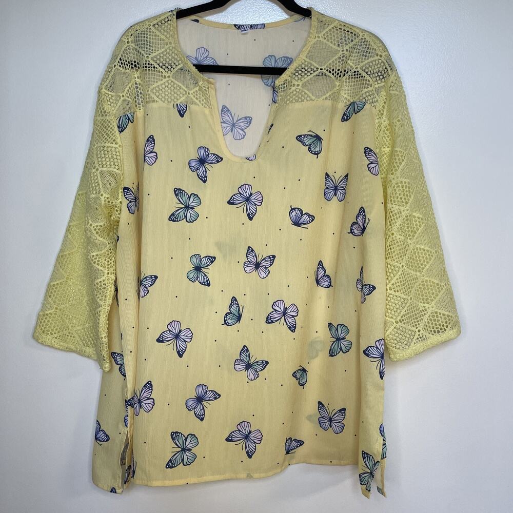 Women’s 2XL Yellow Butterfly Blouse Tunic Top Boho Cottagecore Crochet Sleeve
